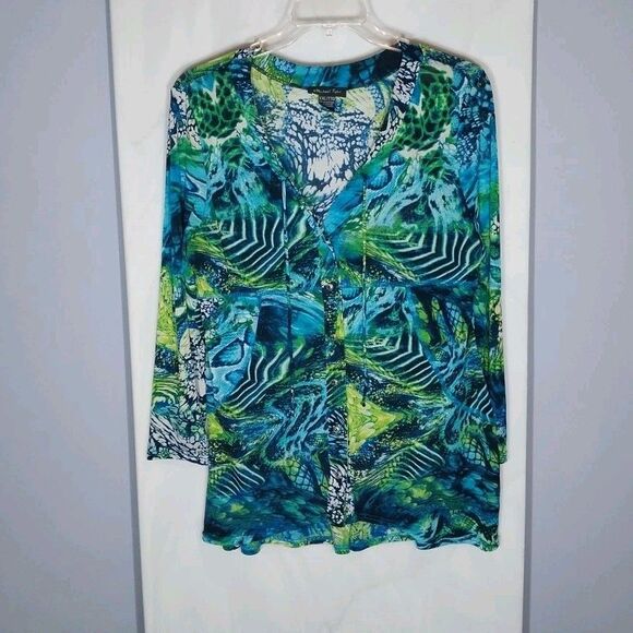 Michael Tyler Tunic Top Sz XXL Vibrant Abstract Semi-Sheer Button Up Boho Wild - Picture 1 of 8